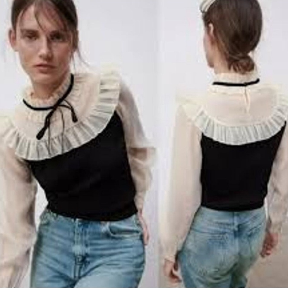 Zara Black Knit Contrasting Organza Ruffled Bib Yoke Sweater Medium
